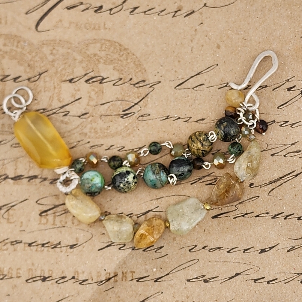 RAW CITRINE, AFRICAN TURQUOISE & CRYSTAL DANGLING HANDMADE BRACELET STERLING 6.5 - Picture 5 of 14